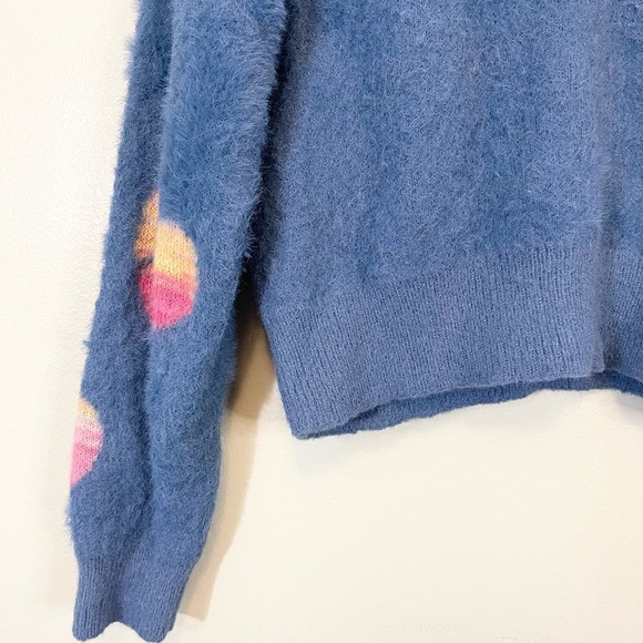 Listiele Women's Blue Pink Heart Love Crew Neck Pullover Cropped Sweater Medium - Picture 3 of 8